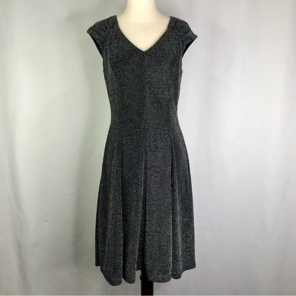 White House Black Market black silver metallic lurex skater dress v neck cap S